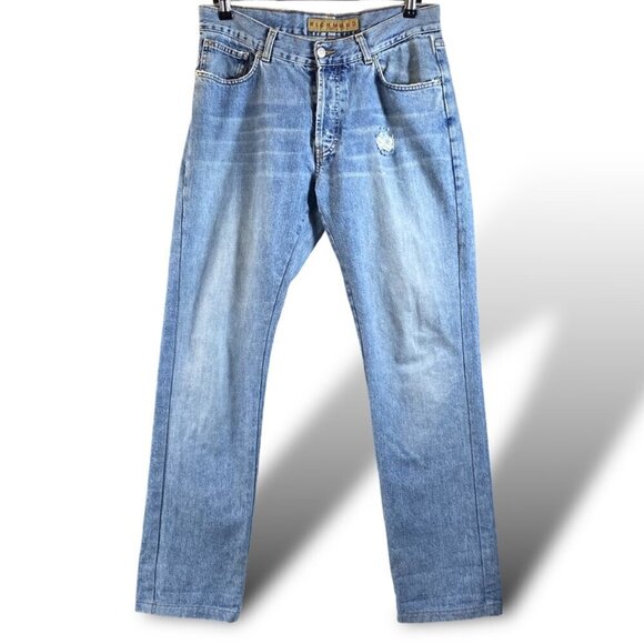Vintage John Richmond Jeans Mens Sz 31 Blue Baggy 'Lizard King' Graphic Rivets - Picture 1 of 11